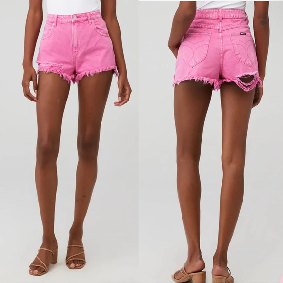 Rollas High Rise Slim Hot Pink Denim Shorts - distressed with frayed edges - Picture 1 of 4
